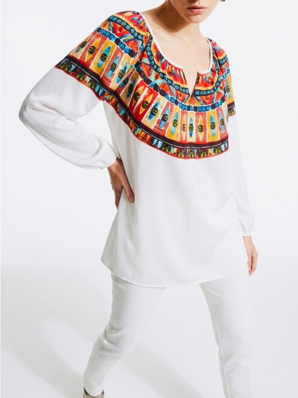 CHICOS Boho Off-White Tunic Top w Multicolor Yoke